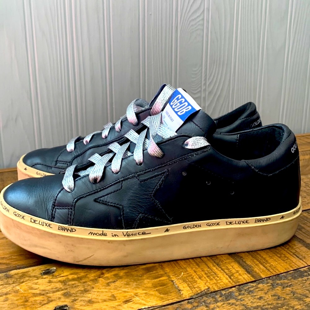 GOLDEN GOOSE HI STAR BLACK LEATHER  TRAINERS GOLD DETAIL THICK SOLE EUC SIZE 37 - Picture 5 of 16